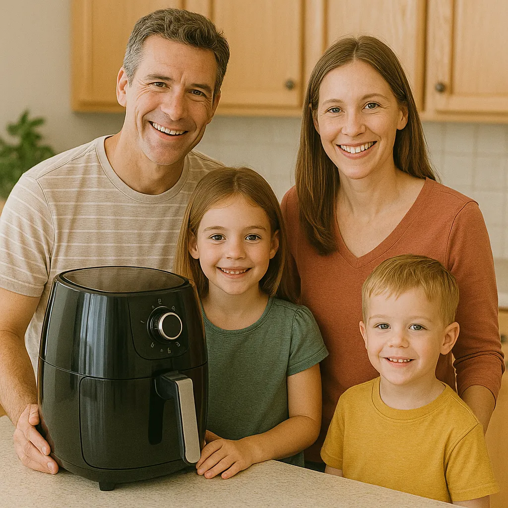 Bild eines Kindes und zwei Erwachsene mit Airfryer