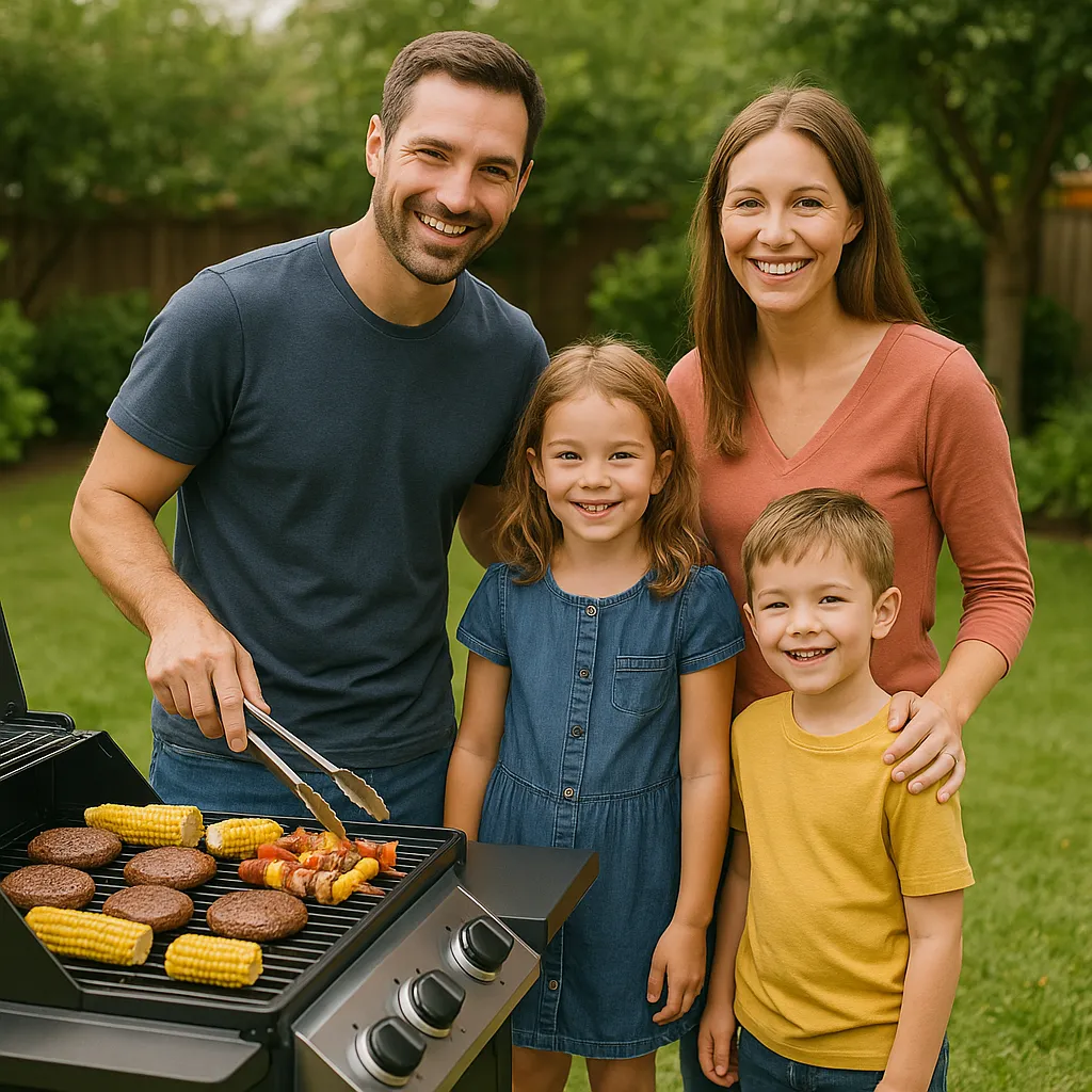 Bild eines Kindes und zwei Erwachsene mit Grill