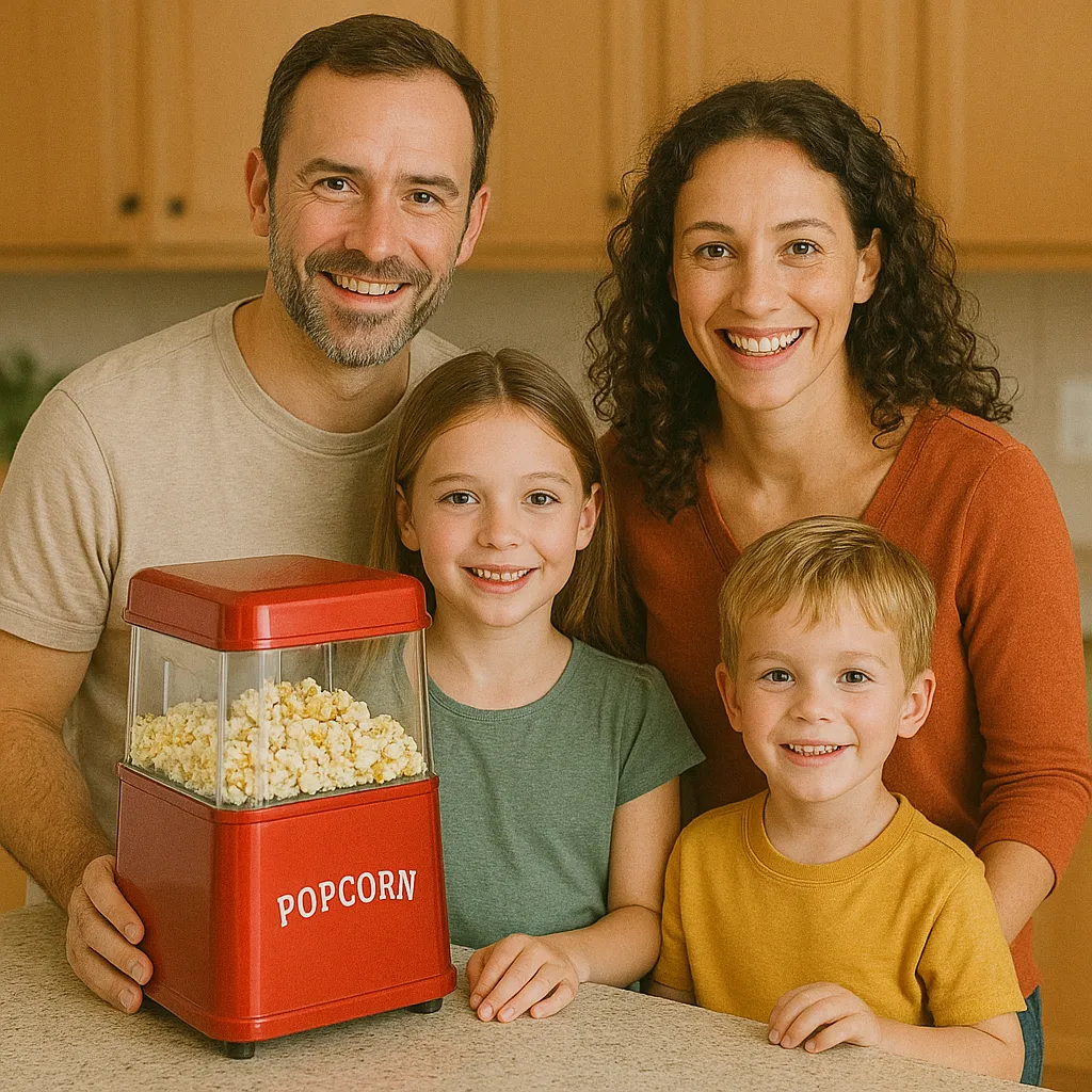 Bild eines Kindes und zwei Erwachsene mit Popcornmaschinen